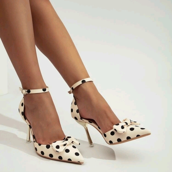 Satin Polka Dot Pattern Bow Decor Ankle Strap Pumps - Picture 5 of 6